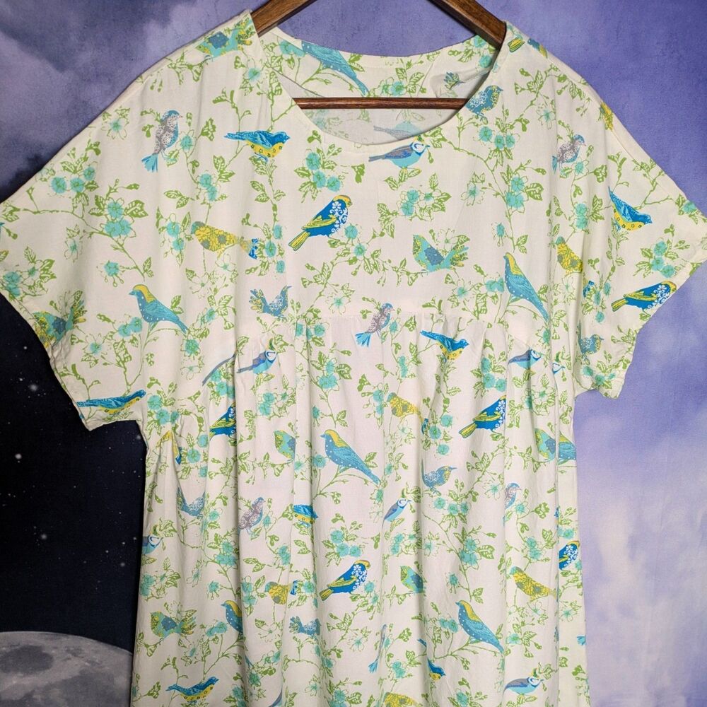 Handmade White Cotton Dress Birds Floral Cottagecore Prairie Housedress Modest - Picture 3 of 11